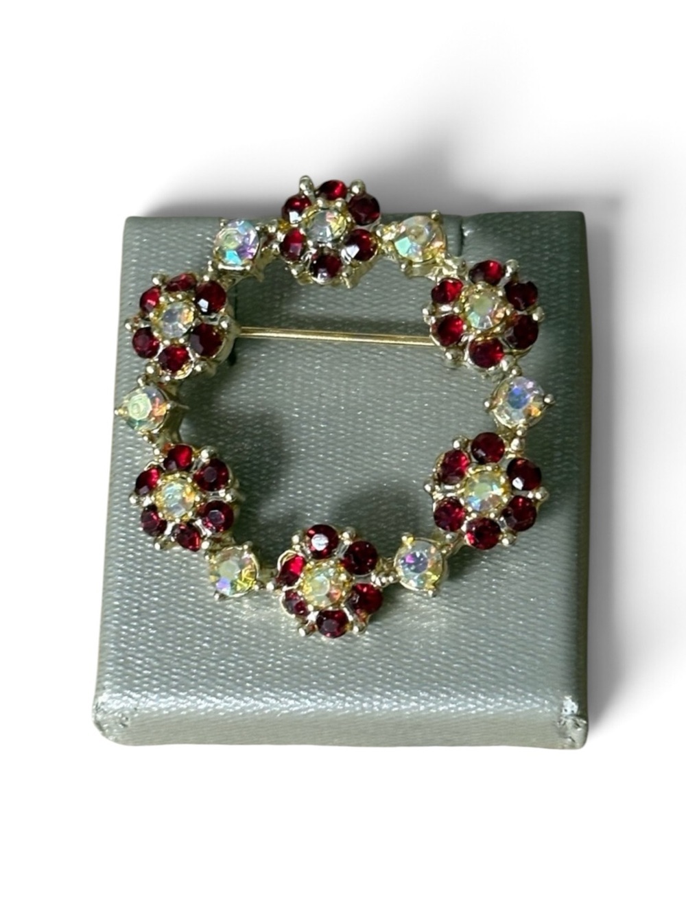 Floral Round Ruby Red and Opalescent Rhinestone Vintage Gold Brooch